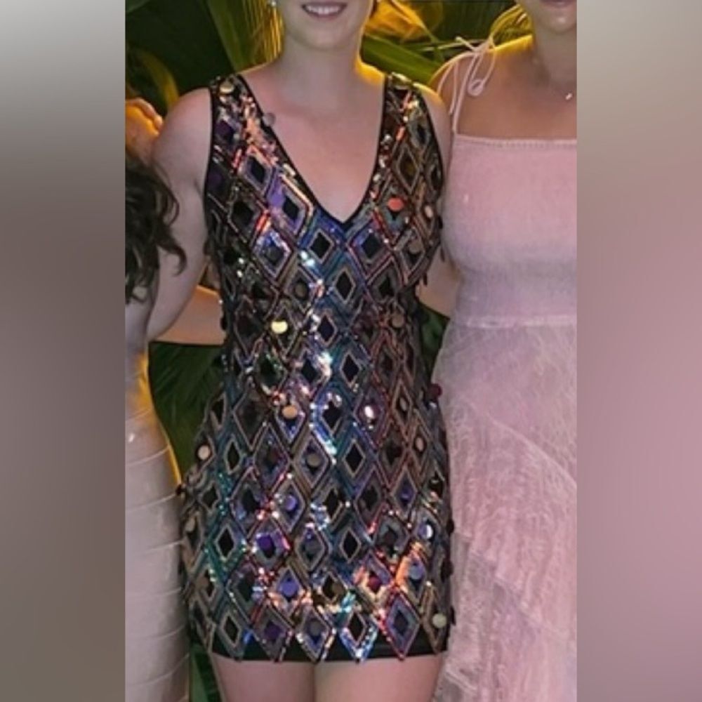 Ramy Brook Silver Pink Sequin Sheath Mini Dress - Picture 3 of 4